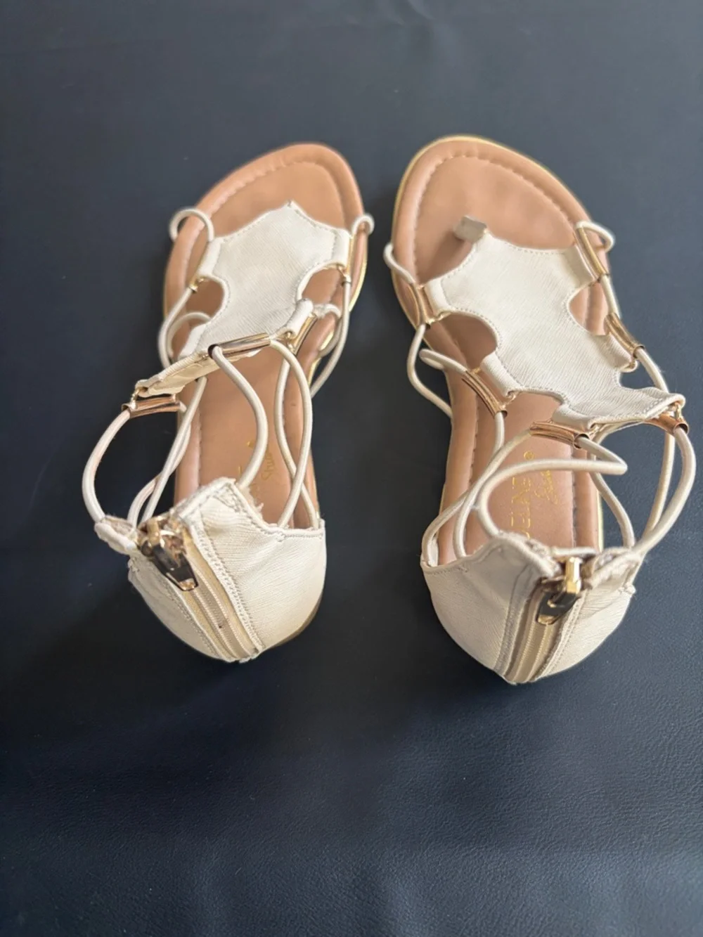 Madeline Stuart Beige Lace-Up Gladiator Sandals 5.5 Boho T-Strap Back Zip